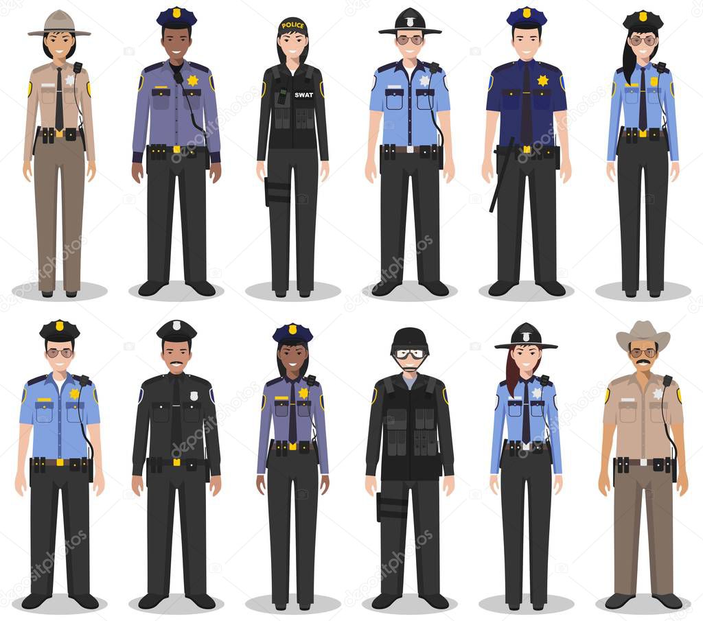 Police people concept. Set of different detailed illustration of SWAT officer, policeman, policewoman and sheriff in flat style on white background. Vector illustration.