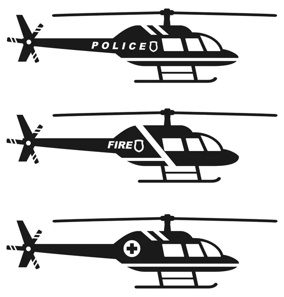 Concepto de emergencia. Conjunto de diferentes siluetas de helicóptero médico, policial y de bomberos aislados sobre fondo blanco. Ilustración vectorial . — Vector de stock