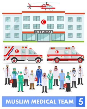 Tıbbi kavramı. Beyaz arka plan üzerinde bir Müslüman Arap Doktor, hemşire, helikopter, ambulans araba ve düz stilde inşa hastane detaylı illüstrasyon izole. Vektör çizim.