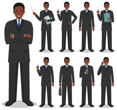 İş kavramı. Afrika kökenli Amerikalı işadamı düz stil beyaz arka plan üzerinde izole farklı pozisyonlarda ayakta ayrıntılı Illustration. Vektör çizim.