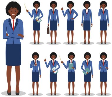 İş kavramı. Afro-Amerikan işkadını düz stil beyaz arka plan üzerinde izole farklı pozisyonlarda ayakta ayrıntılı Illustration. Vektör çizim.