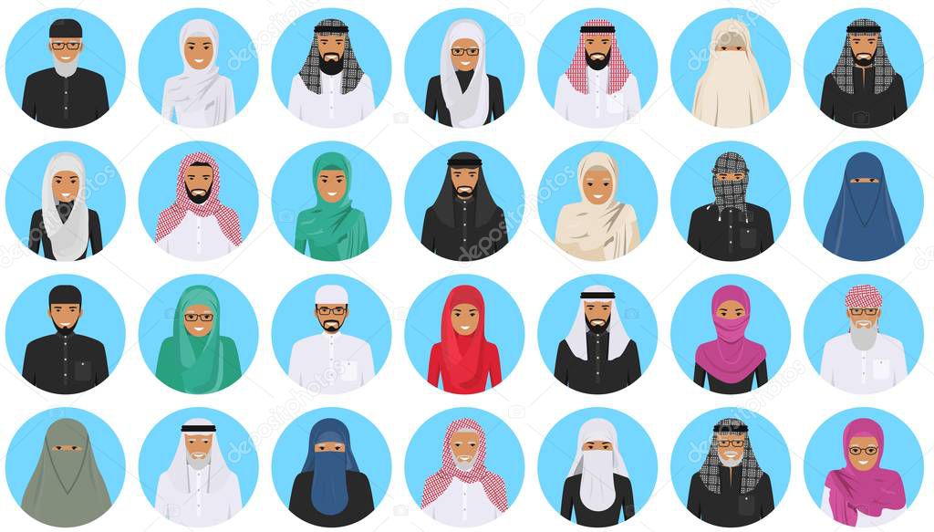 Different muslim arab people characters avatars icons set in flat style isolated on blue background. Differences islamic saudi arabic ethnic persons smiling faces in traditional clothing. Vector.