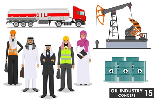 Концепция нефтяной промышленности. Детальная иллюстрация бензовоза, нефтяного насоса, арабского мусульманского бизнесмена и бизнесвумен в плоском стиле на белом фоне. Векторная иллюстрация . — стоковый вектор