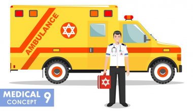 Tıbbi kavramı. Yahudi acil doktor adam ve ambulans araba beyaz arka plan üzerinde düz stilde detaylı Illustration. Vektör çizim.