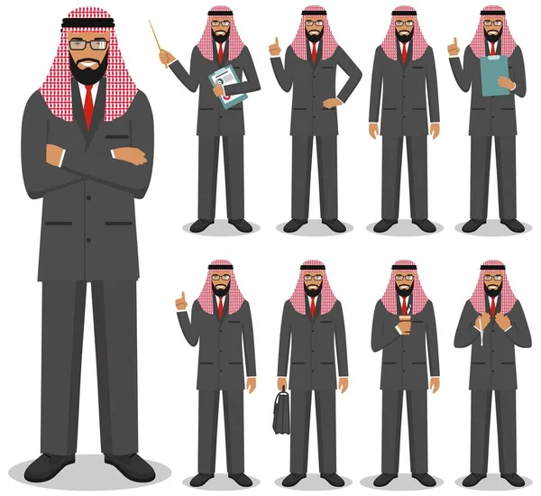 Concepto de negocio. Ilustración detallada del hombre de negocios árabe musulmán de pie en diferentes posiciones en estilo plano aislado sobre fondo blanco. Ilustración vectorial . — Vector de stock