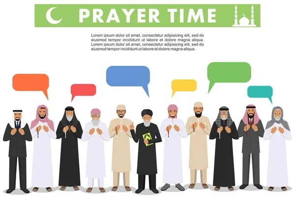 Prayer time. Different standing praying muslim arabic people, mullah and speech bubble in traditional arabian clothes. Mufti with quran. Islamic men with beads in hands pray. Vector illustration. — Stock Vector
