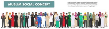 Social concept. Large group muslim arabic people professions occupation standing together in different suit and traditional clothes on white background in flat style. Arab men and women in row. Vector clipart