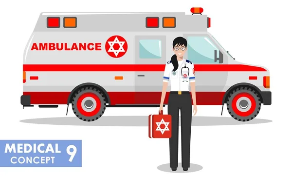 Concetto medico. Illustrazione dettagliata della donna ebrea medico di emergenza e auto ambulanza in stile piatto su sfondo bianco. Illustrazione vettoriale . — Vettoriale Stock
