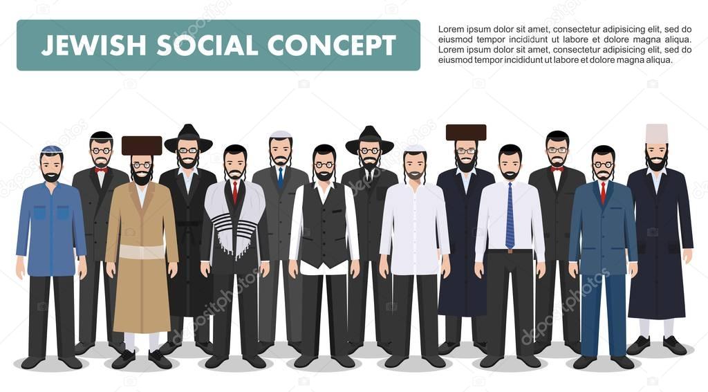 Family and social concept. Group adults jewish men standing together in different traditional clothes in flat style. Israel people. Differences Israelis in the national dress. Vector illustration.