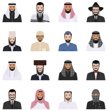 Farklı Yahudi ve Müslüman Arap erkek karakterleri avatarları simgeler düz stil ayarlayın. İsrail ve İslam Suudi Arap etnik kişi gülümseyen yüzler geleneksel giyim farklar. Vektör çizim.