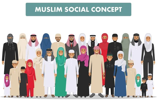 Familien- und Sozialkonzept. Araber in verschiedenen Altersgruppen. Gruppe junger und erwachsener muslimischer Menschen, die in verschiedenen traditionellen islamischen Kleidern auf weißem Hintergrund in flachem Stil zusammenstehen. — Stockvektor