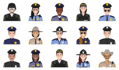 Polis insanlar kavramı. Beyaz arka plan üzerinde izole düz tarzı farklı polis ve polis karakterleri avatarları Icons set. Vektör çizim.