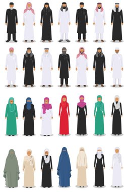Farklı ayakta Arap yetişkin ve yaşlı insanlar düz tarzında beyaz arka plan üzerinde izole geleneksel Müslüman Arap kılığına girmiş kümesi. Vektör çizim.