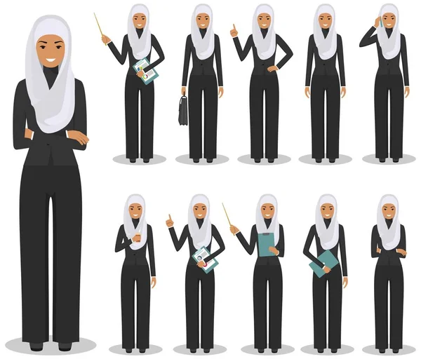 Concepto de negocio. Ilustración detallada de la empresaria árabe musulmana de pie en diferentes posiciones en estilo plano aislado sobre fondo blanco. Ilustración vectorial . — Vector de stock