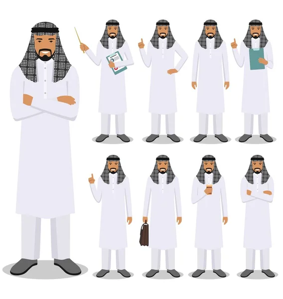 Бізнес-концепція. Детальна ілюстрація мусульманського арабського бізнесмена, що стоїть на різних позиціях у плоскому стилі ізольовано на білому тлі. Векторні ілюстрації . — стоковий вектор
