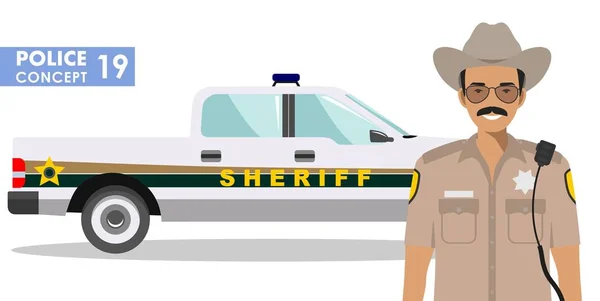 Policista koncept. Detailní ilustrace šerifa a policejní auto v ploché styl na bílém pozadí. Vektorové ilustrace. — Stockový vektor