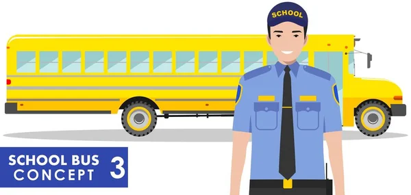 Illustrazione dettagliata di autista e scuolabus giallo in stile piatto su sfondo bianco. Concetto educativo. Illustrazione vettoriale . — Vettoriale Stock
