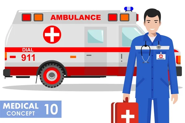 Medical concept. Detailed illustration of emergency doctor man and ambulance car in flat style on white background. Vector illustration. — Stock Vector