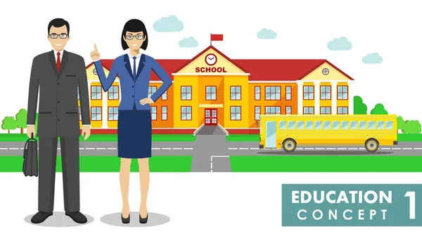 Concetto educativo. Illustrazione dettagliata di un edificio scolastico, scuolabus, insegnante maschio e femmina in stile piatto su sfondo bianco. Illustrazione vettoriale . — Vettoriale Stock