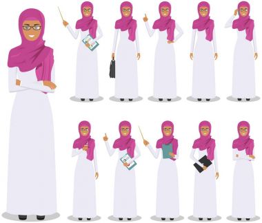 İş kavramı. Beyaz arka plan üzerinde izole düz stil farklı pozisyonlarda ayakta Müslüman Arap işkadını detaylı Illustration. Vektör çizim.