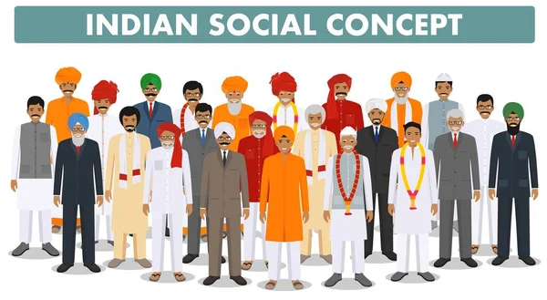 Family and social concept. Group young and senior indian people standing together in different traditional clothes on white background in flat style. Vector illustration. — Stock Vector