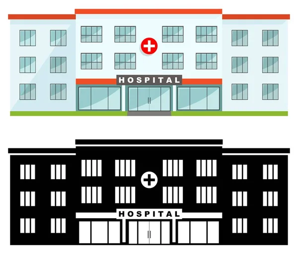 Edificio hospitalario de diferentes tipos aislado sobre fondo blanco en estilo plano: silueta de color y negro. Ilustración vectorial . — Vector de stock