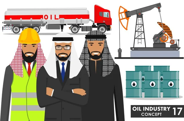 Olie industrie concept. Gedetailleerde illustratie van benzine vrachtwagen, oliepomp, vaten en Arabische moslim zakenman in vlakke stijl op witte achtergrond. Vectorillustratie. — Stockvector