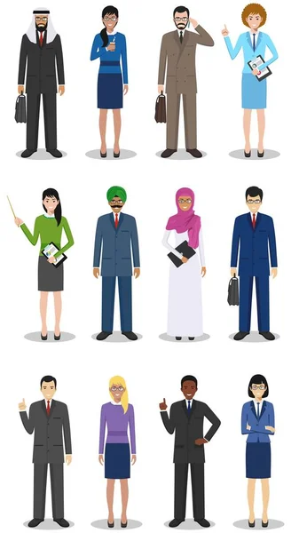Business team and teamwork concept. Set of detailed illustration of businessmen and businesswomen standing in different positions in flat style. Diverse nationalities and dress styles. Vector. — Stock Vector