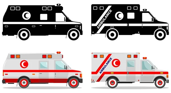 Lékařská koncepce. Různé laskavý muslimský auto ambulance izolovaných na bílém pozadí v ploché styl: barevná a černá silueta. Vektorové ilustrace. — Stockový vektor