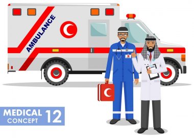 Tıbbi kavramı. Müslüman Paramedik adam, acil doktor ve ambulans araba beyaz arka plan üzerinde düz stilde detaylı Illustration. Vektör çizim.