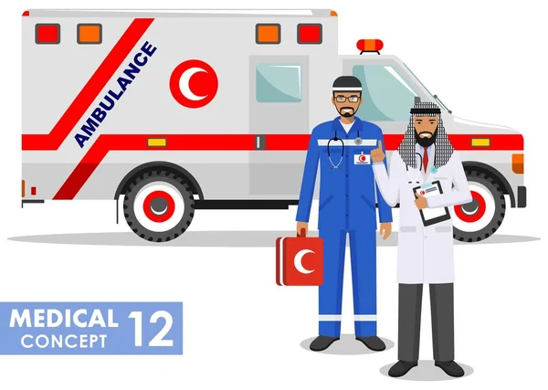 Conceito médico. Ilustração detalhada do homem paramédico muçulmano, médico de emergência e carro de ambulância em estilo plano no fundo branco. Ilustração vetorial . — Vetor de Stock