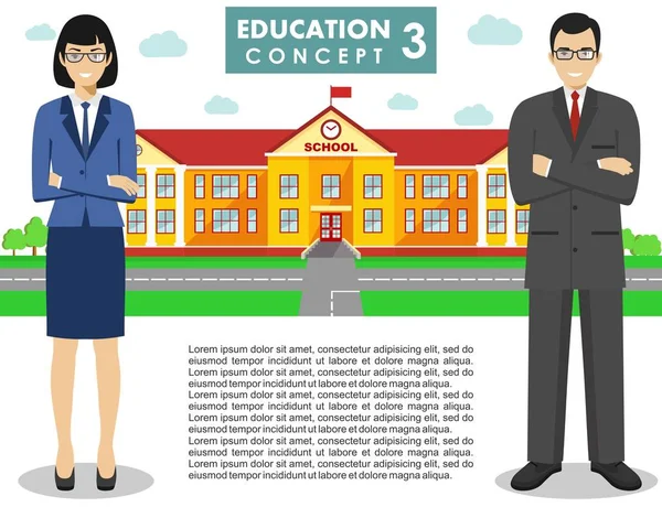 Concepto educativo. Ilustración detallada de un edificio de la escuela, maestro masculino y femenino en estilo plano sobre fondo blanco. Ilustración vectorial . — Vector de stock