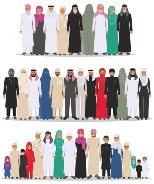Aile ve sosyal kavramı. Arap kişi nesiller, farklı yaşlarda. Birlikte düz tarzında beyaz arka plan üzerinde farklı geleneksel İslam giysili duran genç ve yaşlı Müslüman insanlar grubu.