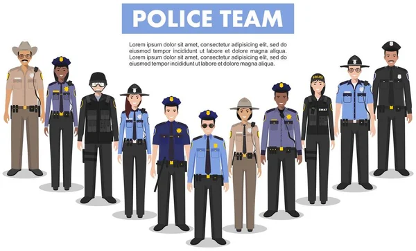 Police people concept. Detailed illustration of SWAT officer, policeman, policewoman and sheriff in flat style on white background. Vector illustration. — Stock Vector