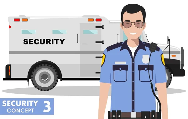 Concepto de seguridad. Ilustración detallada de coche blindado y guardia de seguridad sobre fondo blanco en estilo plano. Ilustración vectorial . — Vector de stock