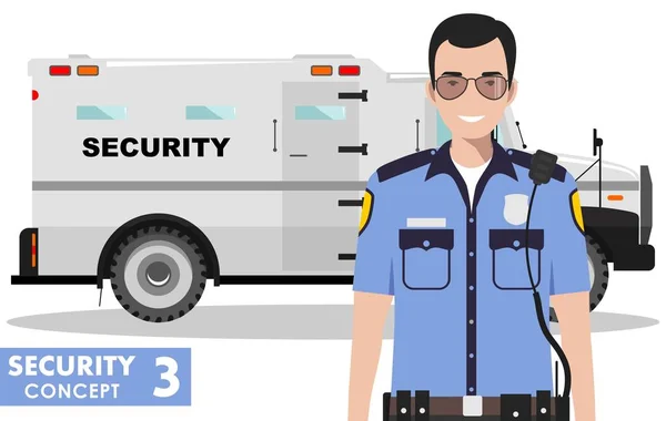 Concepto de seguridad. Ilustración detallada de coche blindado y guardia de seguridad sobre fondo blanco en estilo plano. Ilustración vectorial . — Archivo Imágenes Vectoriales