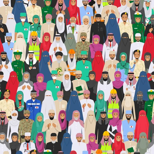 シームレス パターン社会的概念。大規模なグループ イスラム教アラビア人職業職業地位別スーツとフラット スタイルで伝統的な服で一緒に。アラブ男性と行の女性。ベクトル. — ストックベクタ