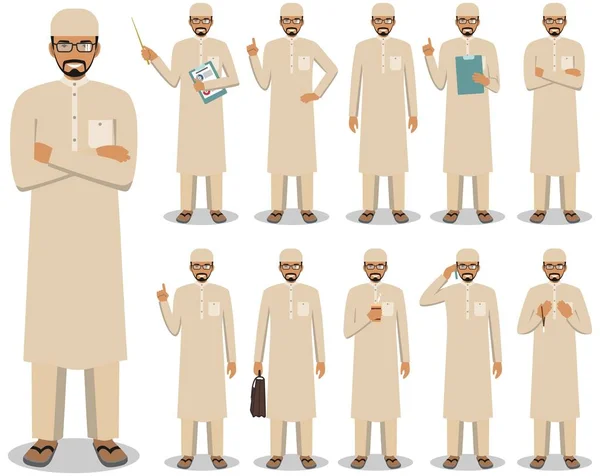 Concetto aziendale. Illustrazione dettagliata di uomo d'affari arabo musulmano in piedi in diverse posizioni in stile piatto isolato su sfondo bianco. Illustrazione vettoriale . — Vettoriale Stock