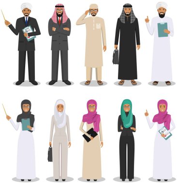 İş kavramı. Müslüman Arap işadamı ve düz stil farklı pozisyonlarda ayakta işkadını detaylı Illustration. İslami giyim Arap insanlar. Vektör çizim.