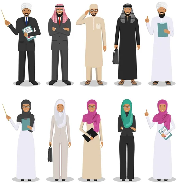 Geschäftskonzept. Detaillierte Illustration muslimischer arabischer Geschäftsleute und Geschäftsfrauen in verschiedenen Positionen in flachem Stil. Araber in traditioneller islamischer Kleidung. Vektorillustration. — Stockvektor