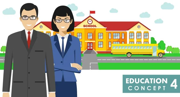 Concepto educativo. Ilustración detallada de un edificio escolar, autobús escolar, maestro masculino y femenino en estilo plano sobre fondo blanco. Ilustración vectorial . — Vector de stock