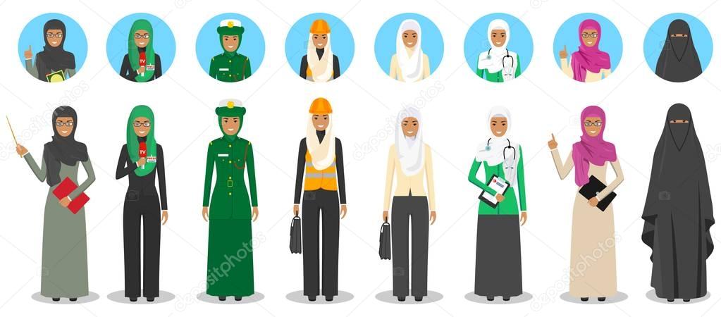 Different muslim Middle East people professions occupation characters woman set in flat style isolated on white background. Set of avatars icons. Templates for infographic, sites, banners, social netw