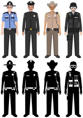 Polis insanlar kavramı. Farklı detaylı çizim ve Swat memur, polis ve beyaz arka plan üzerinde düz stil Şerif siluetleri kümesi. Vektör çizim.