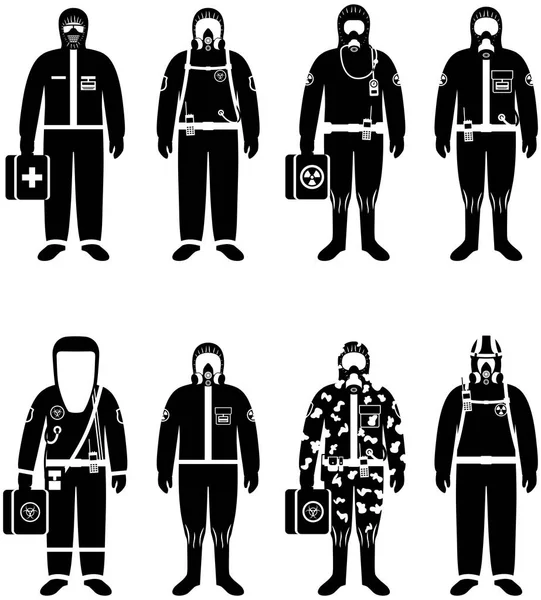 Concept van de chemische industrie. Set van verschillende silhouetten werknemers in de beschermende pakken verschillen op witte achtergrond in vlakke stijl. Gevaarlijk beroep. Vectorillustratie. — Stockvector