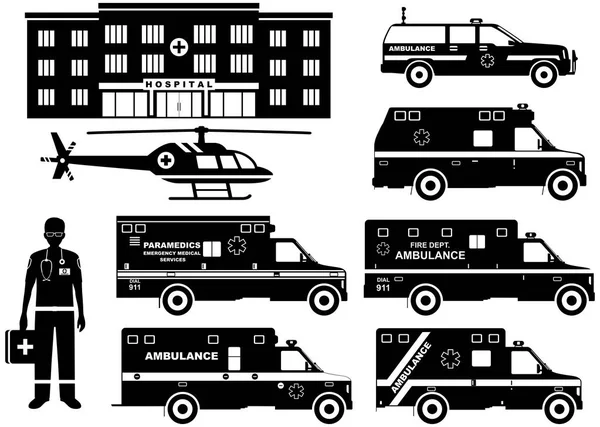 Concept médical. Ensemble de différentes silhouettes voitures d'ambulance, hôpital, urgentiste et hélicoptère isolé sur fond blanc. Illustration vectorielle . — Image vectorielle