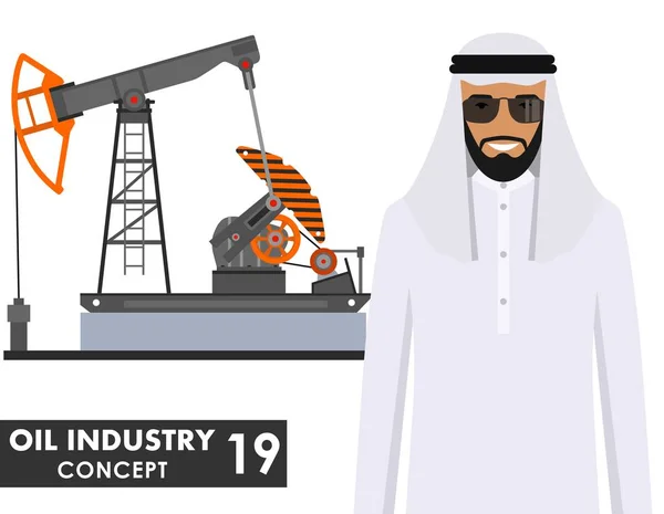 Olie industrie concept. Gedetailleerde illustratie van de oliepomp en Arabische moslim man in vlakke stijl op witte achtergrond. Vectorillustratie. — Stockvector