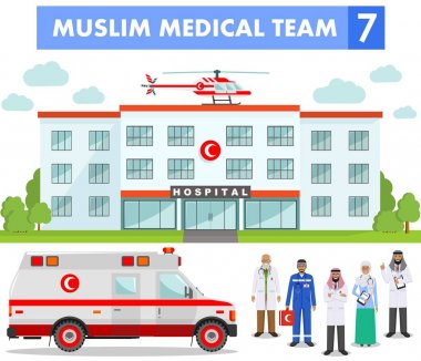 Tıbbi kavramı. Müslüman Arap Doktor, hemşire, helikopter, ambulans araba ve hastane izole düz stilde inşa detaylı Illustration. Uygulayıcı Arap doktorlar erkek ve kadın ayakta.