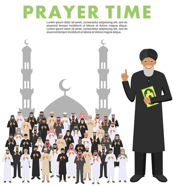 Prayer time. Different standing praying muslim arabic people and mullah in traditional arabian clothes. Mufti with quran. Islamic men with beads in hands pray. Silhouette of a mosque and minarets. — Stock Vector