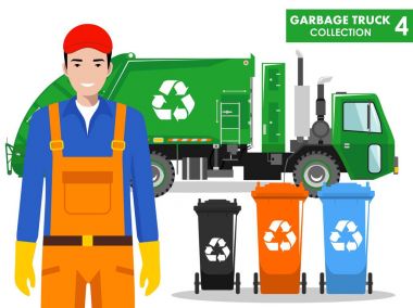 Çöp kamyonu koleksiyonu. Çöpçü, kamyon ve dumpsters düz tarzında beyaz arka plan üzerinde farklı türleri ayrıntılı Illustration. Vektör çizim.