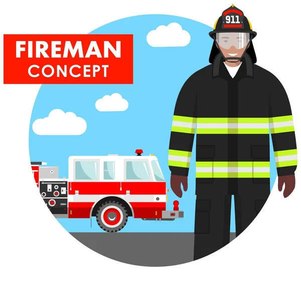 Concepto de bombero. Ilustración detallada de bombero en uniforme en el fondo con camión de bomberos en estilo plano. Ilustración vectorial . — Vector de stock